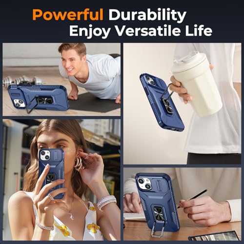 [2 Cases] Case for iPhone 16 (A - Blue) & iPhone 13/14 (Blue) with Slide Camera Cover + Screen Protector, Rotated Ring Kickstand Military Grade Shockproof