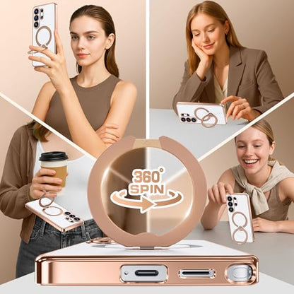 GolbinBox Magnetic for Samsung Galaxy S26 Ultra Case with 360° Spin Stand | [Compatible with MagSafe][Military Drop Protection] Shockproof Galaxy S26 Ultra Phone Cover with Kickstand, Rose Gold/Clear - color: Rose Gold/Clear