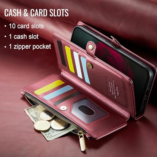 Defencase for iPhone 17 Wallet Case with RFID Blocking Card Holder, WineRed | Durable Soft PU Leather, with Zipper Pocket, Wrist Strap, Fashion Snap Flip Phone Cases Cover with Stand for Women and Men - color: Wine Red
