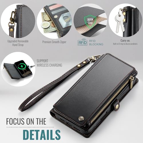 Defencase for iPhone 14 Pro Max Wallet Case with RFID Card Holder, Black | Durable Soft PU Leather, with Zipper Pocket, Wrist Strap, Fashion Snap Flip Phone Cases Cover with Stand for Women and Men - color: Black