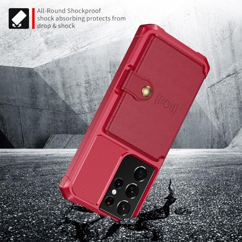 Wallet Case for Samsung Galaxy S21 Ultra, Compatible with Magnetic Car Mount, Heavy Duty Shockproof Rugged Soft TPU Back Leather Flip Credit Card Holder Cover 6.8 inch, Red | Compatible with Magnetic Car Mount, Shockproof Rugged Soft TPU Hard Back Leather
