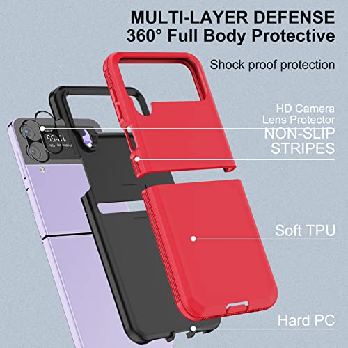 for Galaxy Z Flip 4 Case with Camera Lens Film,Shockproof Protective Phone Case Heavy Duty Full Body Protection Drop Proof Hard Rugged Cover for Samsung Galaxy Z Flip 4 (Red/Black) - color: Red/Black