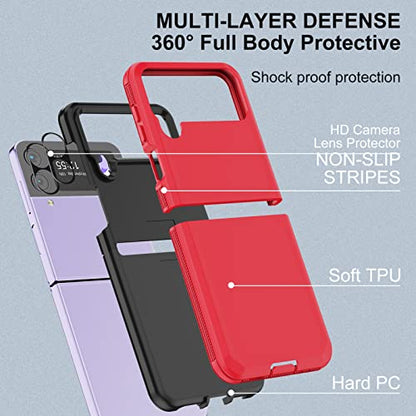 for Galaxy Z Flip 4 Case with Camera Lens Film,Shockproof Protective Phone Case Heavy Duty Full Body Protection Drop Proof Hard Rugged Cover for Samsung Galaxy Z Flip 4 (Red/Black) - color: Red/Black