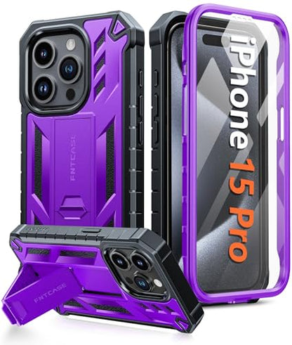 FNTCASE for iPhone 15 Pro Case, Built-in Screen Protector, Kickstand Purple | Military-Grade Drop Protection, Anti-Slip Matte Textured, Rugged Heavy Duty Shockproof TPU Protective Cover - color: Purple