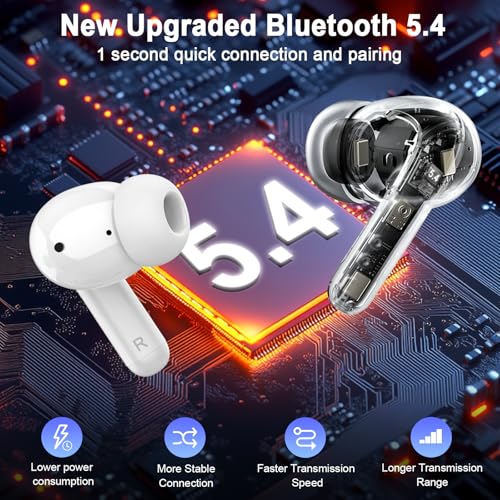 Bluetooth 5.4 Earbuds, 2026 Bass-3.0 Wireless Headphones 3D-Stereo Ear Buds, 4 ENC Noise Cancelling Mic, 40+Hrs USB-C in-Ear Earphones, IP-X7 Waterproof Sport Workout Gym for Laptop Pad Android iOS - color: B-White PRO
