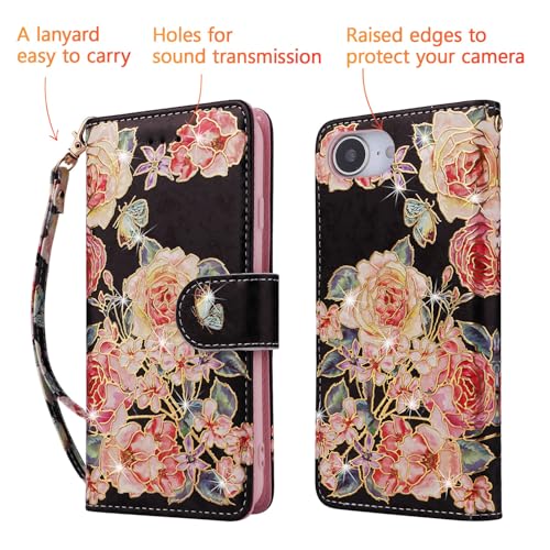 UEEBAI Wallet Case for iPhone 17e/iPhone 16e, PU Leather Phone Cover Kickstand RFID Blocking Flip Case Card Slots Wrist Strap Relief Engraved Pattern Magnetic Closure Flower Folio Wallet, Black Rose - color: Black Rose, size: iPhone 17e/16e