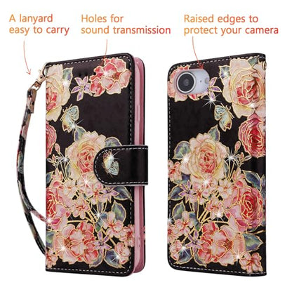UEEBAI Wallet Case for iPhone 17e/iPhone 16e, PU Leather Phone Cover Kickstand RFID Blocking Flip Case Card Slots Wrist Strap Relief Engraved Pattern Magnetic Closure Flower Folio Wallet, Black Rose - color: Black Rose, size: iPhone 17e/16e