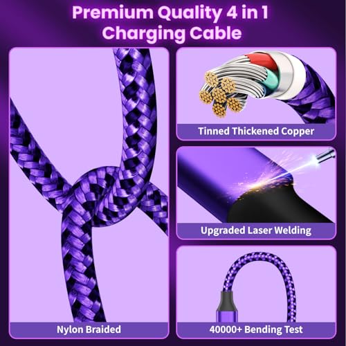 Travel Essentials 4in1 Multi Charging Cable for iPhone Watch Charger 3PK5FT - color: Bright Purple&Black, size: AC to 2C+L+iWatch