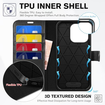 TUCCH Wallet Case for iPhone 14 Pro (6.1") 2022, 4 Card Slots, Black | RFID Blocking, Viewing Stand, Shockproof TPU Shell, PU Leather, Magnetic Closure, Protective Folio Flip Cover - color: Black