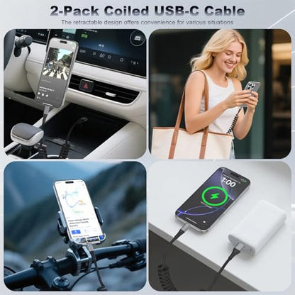 FOXSEA USB A to USB C Cable Coiled & Braided for iPhone 17/16/15 (1-3ft) - color: Black-2Pack