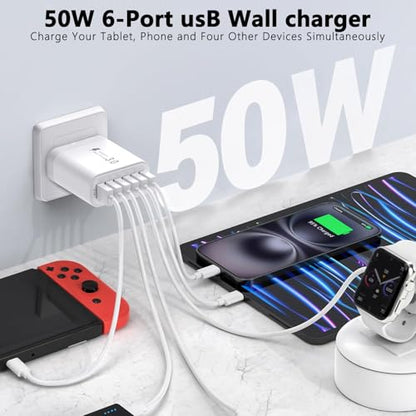 USB Charger Block, 6-in-1 50W Charging Blocks, Fast USB Wall Charger Plug