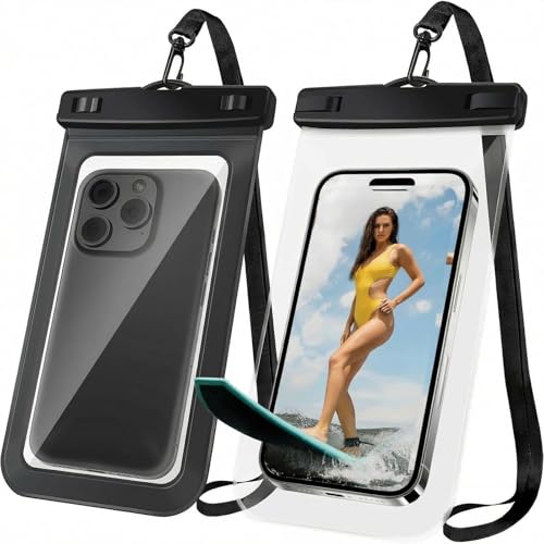 [2 Pack Waterproof Phone Case, Universal Dry Bag for iPhone 15/14/13/12 Pro Max, IPX8 Waterproof Pouch, Cruise Ship & Beach Essentials, Black & Clear - 6.8" - color: A4-Black + Clear-2 pack, size: 6.8in