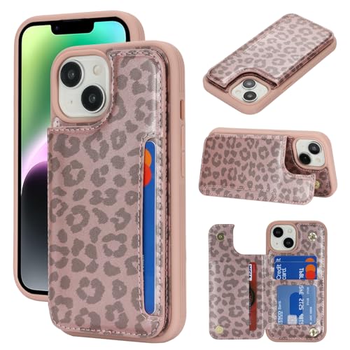 iCoverCase Compatible with iPhone 14 Case with Card Holder, Wallet Case for Women Men RFID Blocking PU Leather Protective Phone Case 6.1 Inch (Rose Gold Leopard) - color: Rose Gold Leopard