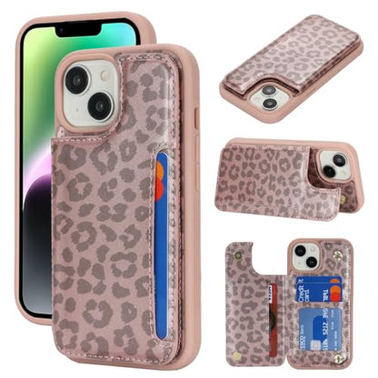 iCoverCase Compatible with iPhone 14 Case with Card Holder, Wallet Case for Women Men RFID Blocking PU Leather Protective Phone Case 6.1 Inch (Rose Gold Leopard) - color: Rose Gold Leopard