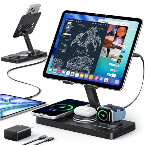 5 in 1 Charging Station for Apple Multiple Devices &65W Adapter, 30W Max Bulit-in Retractable Cable Fast Wired Charging Stand for iPad/Tab, Foldable Magnetic Wireless Charger for iPhone 17/iWatch/Buds