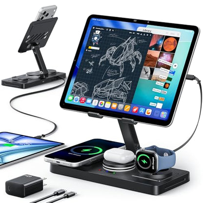 5 in 1 Charging Station for Apple Multiple Devices &65W Adapter, 30W Max Bulit-in Retractable Cable Fast Wired Charging Stand for iPad/Tab, Foldable Magnetic Wireless Charger for iPhone 17/iWatch/Buds