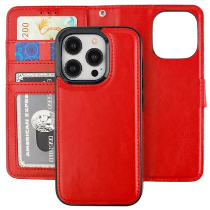 Bocasal Detachable Wallet Case Card Holder for iPhone 15 Pro, Red | RFID Blocking Kickstand Card Slots Holder PU Leather Magnetic Shockproof Wrist Strap Removable Flip Protective Cover 6.1 inch - color: Red