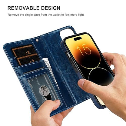 Bocasal Detachable Wallet Case Card Holder for iPhone 15, Blue | RFID Blocking Kickstand Card Slots Holder PU Leather Magnetic Shockproof Wrist Strap Removable Flip Protective Cover 6.1 inch - color: Blue