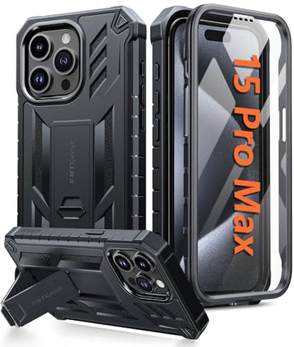 FNTCASE for iPhone 15 Pro Max Case, Built-in Screen Protector, Kickstand | Military-Grade Drop Protection, Anti-Slip Matte Textured, Rugged Heavy Duty Shockproof TPU Protective Cover - color: Black