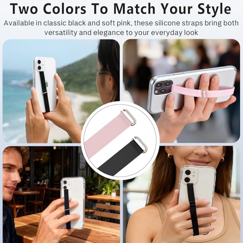 C-Shaped Silicone Clip Finger Phone Grip Strap – Reusable Stretchy Loop Holder for iPhone & Samsung Cases, Black + Pink