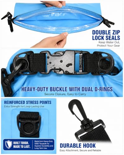 Freegrace Waterproof Dry Bag with Double Zip-Lock, Phone Case & Waist Pouch | 5L Sky Blue, Submersible 500D Drysack, Adjustable Crossbody Strap, Gear For Kayaking, Canoeing, Beach, Swimming, Scuba Diving - color: Sky Blue, size: 5L, style: Without Window
