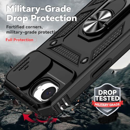 for iPhone 17E / iPhone 16E Case, with Camera Lens Cover HD Screen Protector, Dual Layer Military-Grade Drop Tested Magnetic Ring Holder Kickstand Protective Phone Case for iPhone 16E / 17E (Black) - color: Black with camera cover Military-Grade 2nd gen