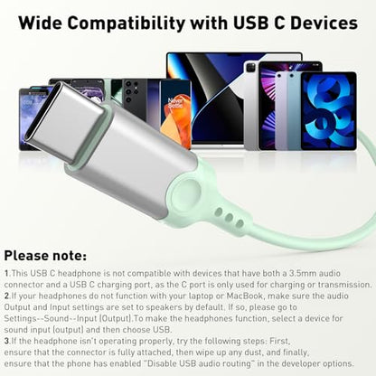 USB C Headphones Magnetic Wired Earbuds with Mic for Apple/Samsung Android - color: Mint Green
