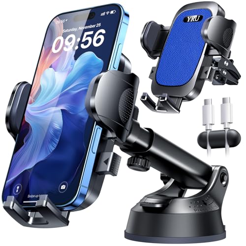 YRU【True Military-Grade Safety & Patent Certs】360°Rotation Car Phone Holder【100+LBS Strong Suction & Clip】Windshield Dash Vent Cell Phone Mount Cradle for iPhone17 16 Pro Max Truck Samsung, Dark Blue - color: Dark Blue