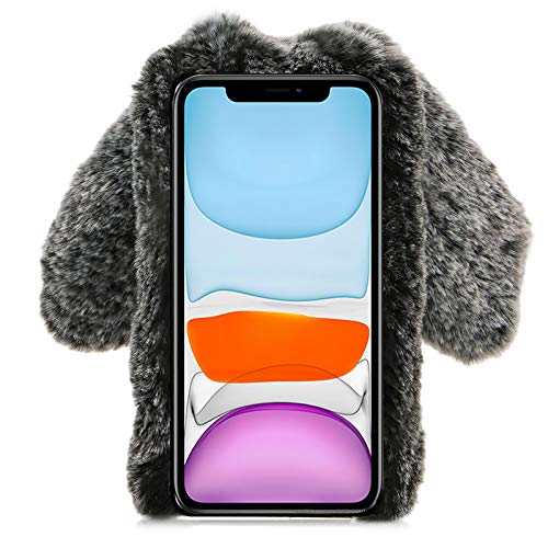 Fuzzy Fluffy Cute Girls Kids Plush Ball Bunny Fur Case for Moto G 5G 2024, Crossbody Strap, Dark Grey - color: Dark Grey, size: Moto G 5G 2024