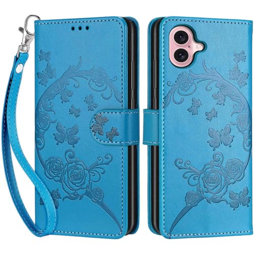 Wallet Case for iPhone 16, Blue Flower | Women Flip Folio Cover, Embossed PU Leather, Stand, Credit Card Holders Slots, Wrist Strap - color: 5