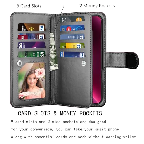 NJJEX Compatible with iPhone 16 Plus Wallet Case, 9 Card Slots, Black | PU leather folio flip, detachable magnetic phone cover, integrated kickstand, included lanyard - color: Black, size: iPhone 16 Plus