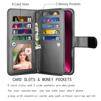 NJJEX Compatible with iPhone 16 Plus Wallet Case, 9 Card Slots, Black | PU leather folio flip, detachable magnetic phone cover, integrated kickstand, included lanyard - color: Black, size: iPhone 16 Plus