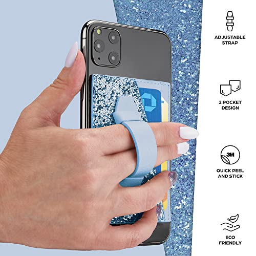 Stick On Phone Wallet, Finger Strap, Credit Card Holder, Faux Leather, Blue - color: Blue