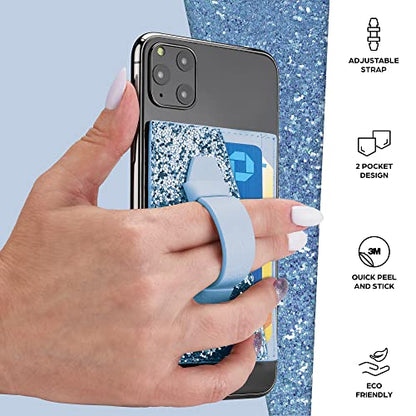 Stick On Phone Wallet, Finger Strap, Credit Card Holder, Faux Leather, Blue - color: Blue