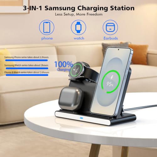 Samsung S25 Wireless Charger Station,3 in 1 Wireless Charger for Samsung Galaxy S25 Ultra/S24/S23/Z Fold/Flip 7/6/5,for Galaxy Watch 8/7/6/5/Pro,buds, Charging Station for iPhone 17/16/15 with Adapter