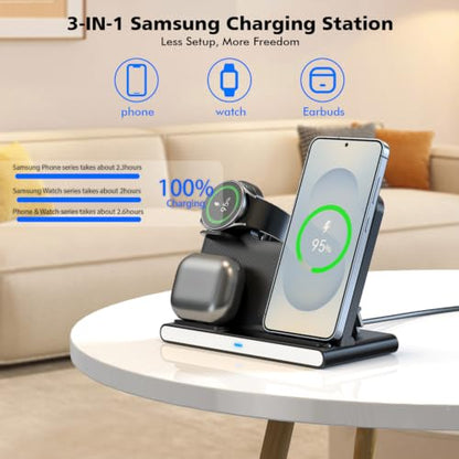 Samsung S25 Wireless Charger Station,3 in 1 Wireless Charger for Samsung Galaxy S25 Ultra/S24/S23/Z Fold/Flip 7/6/5,for Galaxy Watch 8/7/6/5/Pro,buds, Charging Station for iPhone 17/16/15 with Adapter