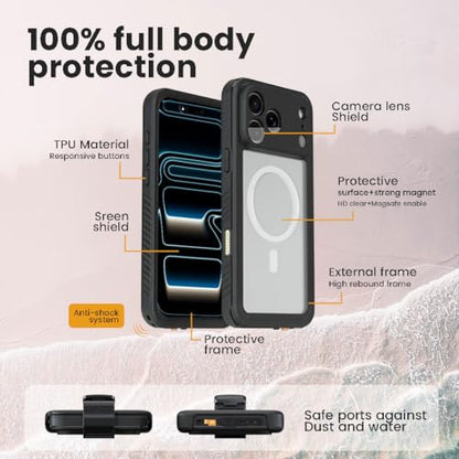 MOTIVE Waterproof Case with Belt Clip iPhone 17 Pro, Magnetic | 6.3" | Built-in screen protector, 360° protection, compatible with MagSafe, 360° belt holster - size: iPhone 17 Pro