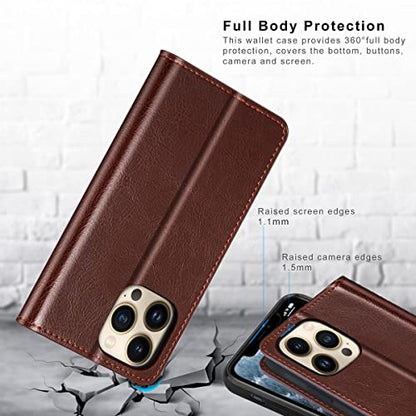 Belemay Compatible with iPhone 15 Pro Case Wallet-Genuine Leather-RFID Blocking Card Holders-Shockproof TPU Shell-Kickstand-Durable Flip Cover-Book Folding Phone Case Women Men (6.1-inch) Brown - color: Brown, size: iPhone 15 Pro