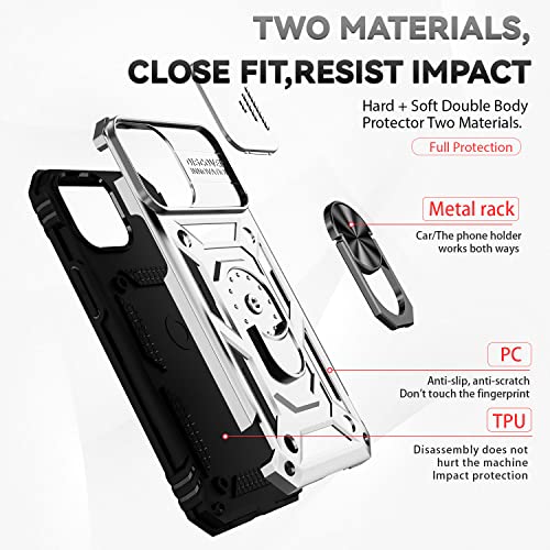 for iPhone 13 Case with Camera Lens Cover HD Screen Protector, Dual Layer [15 FT Military Grade Drop Protection] Magnetic Ring Holder Kickstand Protective Phone Case for iPhone 13 6.1 inch (Silver) - color: Silver with camera cover Military-Grade 2nd gen