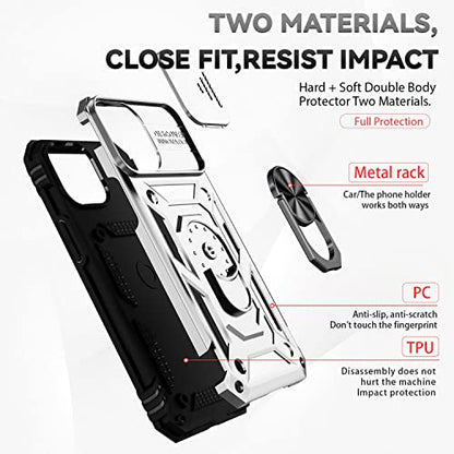 for iPhone 13 Case with Camera Lens Cover HD Screen Protector, Dual Layer [15 FT Military Grade Drop Protection] Magnetic Ring Holder Kickstand Protective Phone Case for iPhone 13 6.1 inch (Silver) - color: Silver with camera cover Military-Grade 2nd gen