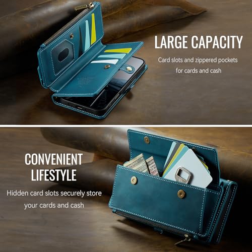 Wallet Case for iPhone 17 Pro Max – RFID Blocking PU Leather Phone Case with Card Holder, Zipper Pocket, Kickstand, Magnetic Closure, Shoulder & Wrist Strap, Blue Green - color: Blue Green, size: iPhone 17 Pro Max