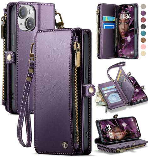 Defencase for iPhone 14 Wallet Case with RFID Blocking Card Holder, Purple | Durable Soft PU Leather, with Zipper Pocket, Wrist Strap, Fashion Snap Flip Phone Cases Cover with Stand for Women and Men - color: Purple