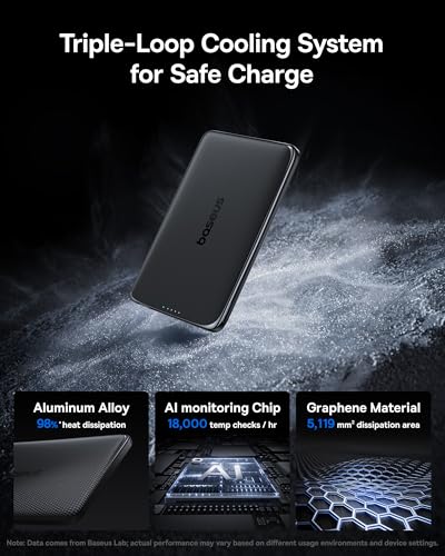 Baseus Picogo Power Bank, 0.3" Ultra Slim 5000mAh MagSafe Battery Pack, Upgraded CCC Certified and Polished Alloy Magnetic Portable Charger, Wireless Charger for iPhone 17/16/15/14/13/12 - color: Polished Cosmic Black