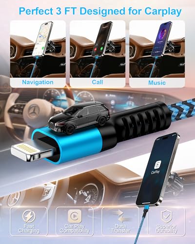 Car Play Charger Cable for iPhone 14 13 12 11 Pro Max XS XR X SE, iPad - size: 3 FT, style: USB-A to Lightning