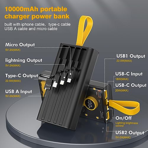 Portable Charger 10000mAh,22.5W Fast Charging Power Bank with Built in Cables,Transparent External Battery Pack with Flashlight,USB C in&out Portable Phone Charger for iPhone Samsung Android Cellphone - color: Transparent+Black