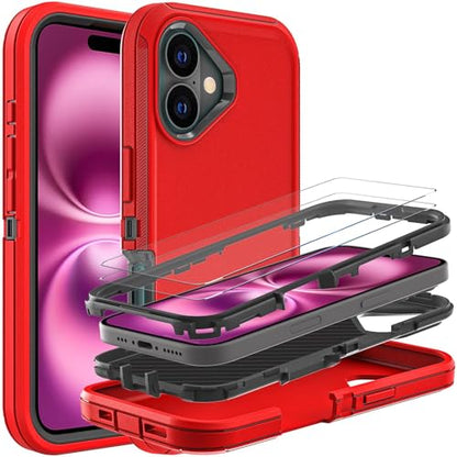 YKHJKLEC for iPhone 16 Plus Case, Military Grade 3 in 1 Heavy Duty Shockproof/Drop Proof/Dust Proof Case with 2Pcs Tempered Glass Screen Protector (Red/Black) - color: Red/Black