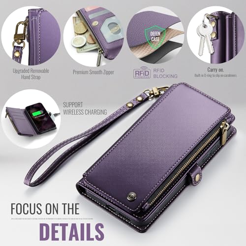 Defencase for Samsung Galaxy S26 Wallet Case with RFID Card Holder, Purple | Durable Soft PU Leather, with Zipper Pocket, Wrist Strap, Fashion Snap Flip S26 Phone Cases Cover with Stand for Women Men - color: Purple