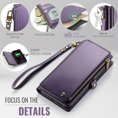 Defencase for Samsung Galaxy S26 Wallet Case with RFID Card Holder, Purple | Durable Soft PU Leather, with Zipper Pocket, Wrist Strap, Fashion Snap Flip S26 Phone Cases Cover with Stand for Women Men - color: Purple
