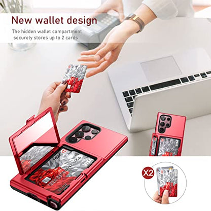 WeLoveCase Samsung Galaxy S22 Ultra Case Wallet Case with Credit Card Holder & Hidden Mirror, All-Round Protection Shockproof Phone Cover Designed for Samsung Galaxy S22 Ultra, 6.8 Inch Red - color: Red