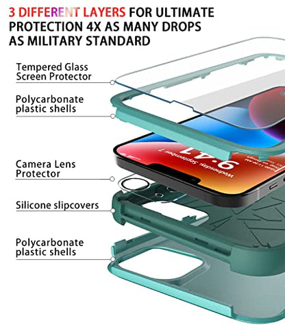 Diverbox for iPhone 14 Case [Shockproof] [Dropproof] [Tempered Glass Screen + Camera Lens Protector],Heavy Duty Protection Phone Case Cover for Apple iPhone 14 (Teal) - color: Teal-3in1